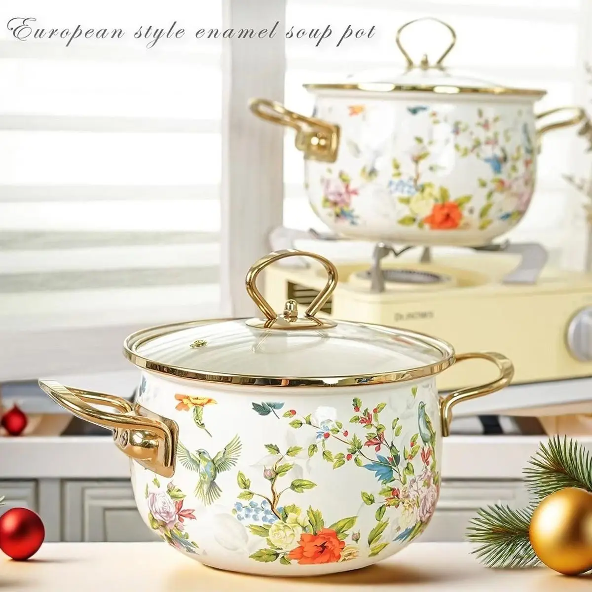 Flower Pattern Stockpot with Lid, 1 Count Double Ear Ceramic Soup Pot with Handle, Large Capacity Cooking Pot for Home Kitchen