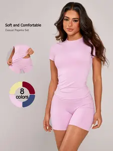 Two-piece Set Women's Solid Round Neck Tee & Biker Shorts Sportswear Set, Sporty Casual Breathable Outfits for Gym Workout Running, Ladies Summer Sportswear, Sports Fitness Outfit