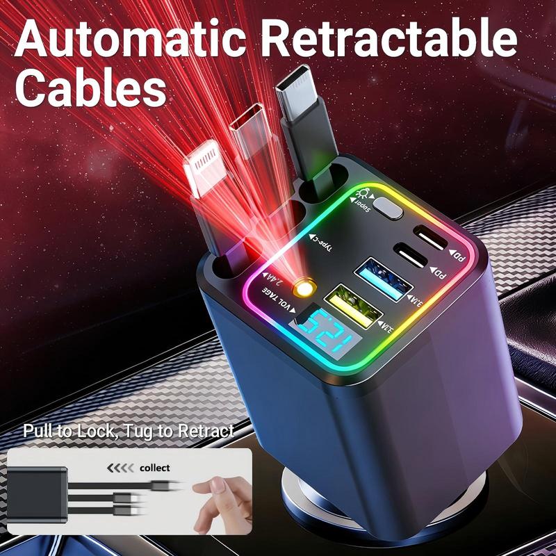 8-in-1 Ultimate Car Charger!  Level up your drive with 60W Starlight projection, retractable cables for zero mess, and 3.1A fast charging. Real-time voltage monitoring keeps your ride safe.  Must-have car gadget for 2026!