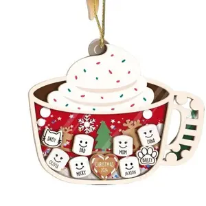 2 Sided Custom Marshmallows Pet Family Shaker Ornament, 4D Shake Family Ornament With Pets, Gift For Christmas Family And Pets, Hot Chocolate