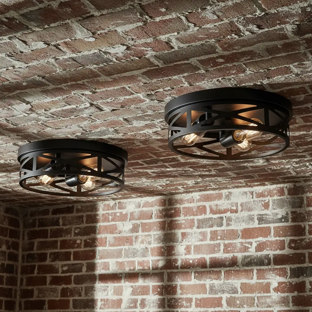 Industrial Flush Mount Ceiling Light, 3-Bulb Matte Black Geometric Cage, Vintage Farmhouse Lighting for Living Room Bedroom Hallway, E26 Compatible