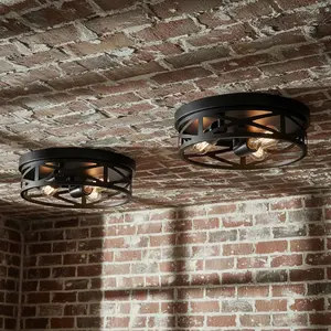 Industrial Flush Mount Ceiling Light, 3-Bulb Matte Black Geometric Cage, Vintage Farmhouse Lighting for Living Room Bedroom Hallway, E26 Compatible