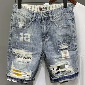 Pocket Athletic Sweat Male Denim Shorts Graphic with Text Half Long Jeans Pants Multi Color Ripped Knee Length Retro Vintage Baggy Y2K Cut Menswear pocket short