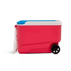 Wheelie Cool 38qt Rolling Cooler,15.88 Inches (H) x 22.75 Inches (W) x 12.88 Inches (D),One-Hand Opening, Wheels, Tow Handle, Pressure-Fit Lid,Red