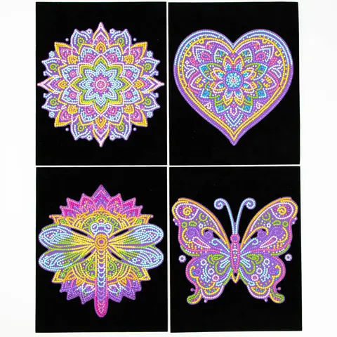 DIAMOND DOTZ Neon Flock Diamond Painting Kits - 10x8 in, 4 Mini Art Pieces, Patent-Pending Soft Velvet-Like Flocked Black Background, Neon Colors, Stylus, All Supplies Included, No Battery Needed, Incredible Contrast, Kids Toys & Learning Materials