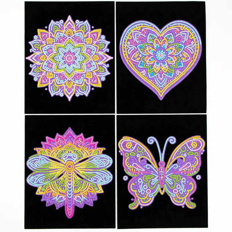 DIAMOND DOTZ Neon Flock Diamond Painting Kits - 10x8 in, 4 Mini Art Pieces, Patent-Pending Soft Velvet-Like Flocked Black Background, Neon Colors, Stylus, All Supplies Included, No Battery Needed, Incredible Contrast, Kids Toys & Learning Materials