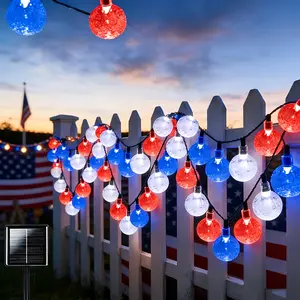 1 pack, 39 ft, 100 lights patriotic color string lights, red/white/blue crystal balls solar string lights for outdoor decoration, 8 lighting modes, suitable for Memorial Day, Independence Day, July 4th, Halloween, and Christmas decorations