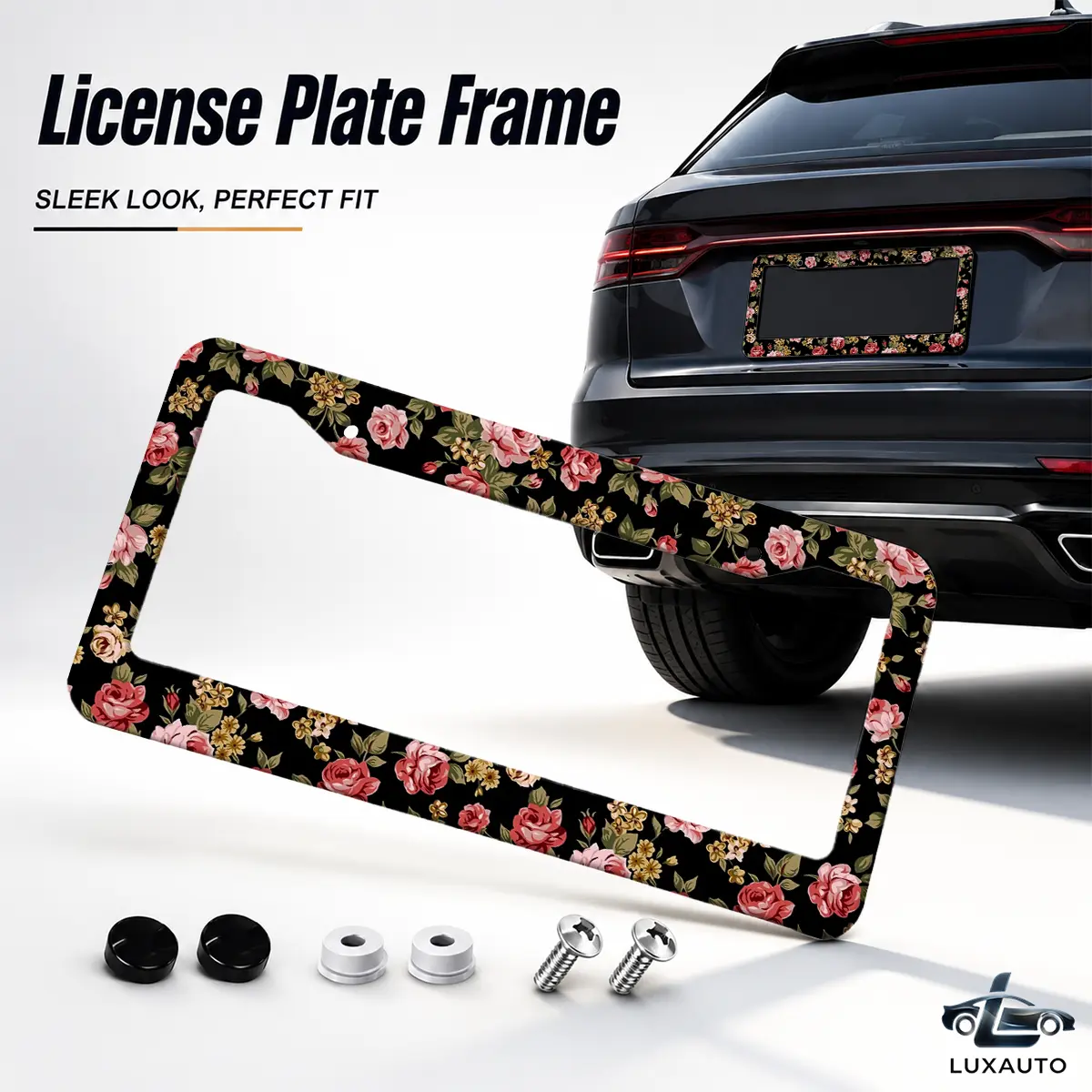 Vintage Rose & Wildflower License Plate Frame, Premium Aluminum Car Plate Holder with Screw Caps, Universal Rustproof License Plate Frame for Cars, SUVs & Trucks, 12.2 x 6.3 Inch
