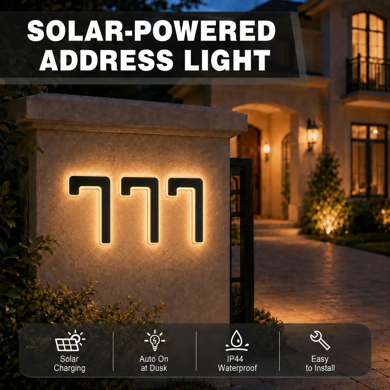 9-Inch/22.86cm Cordless Solar House Number Light, Outdoor Waterproof LED Address Sign with Smart Light Sensor & Wall Mount, Illuminated Modern Address Marker for Porch, Exterior Wall (Illumination Feature, No Additional Installation Tools Needed)