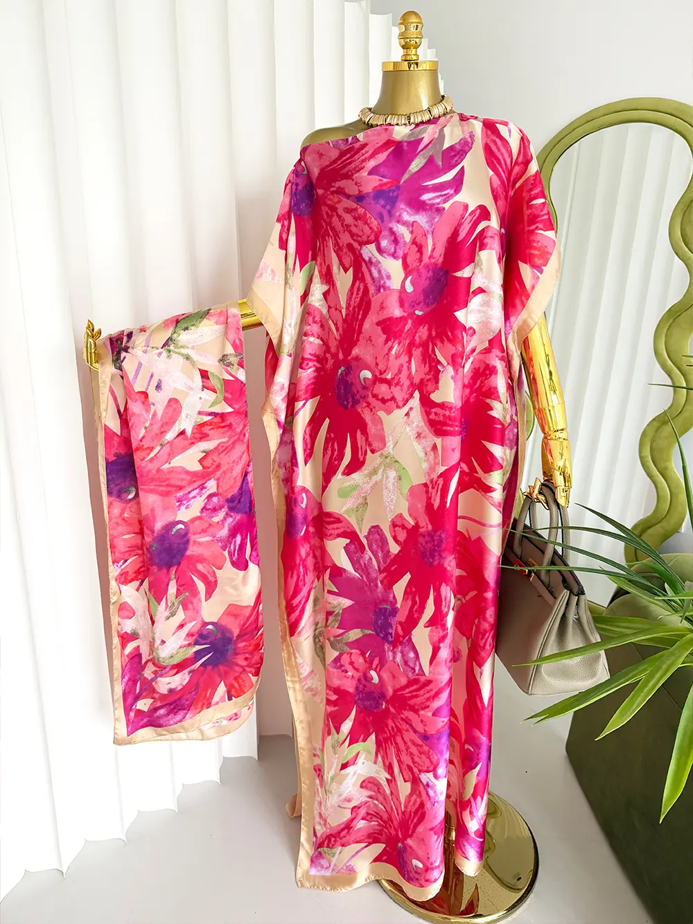 Luxury Floral Print Satin Kaftan Abaya for Women - Silky Modest Maxi Dress for Summer Vacation & Party