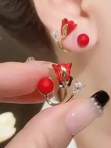 Elegant Unique Tulip Flower Stud Earrings for Women, Stud Earring Jewelry, Fashionable Glass-Inlaid Alloy Design, Perfect for Daily & Partywear