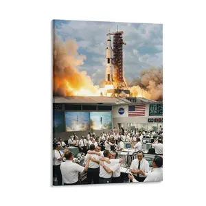 2D Frameless Canvas Art, Printed NASA Apollo Rocket Launch & Mission Control Celebration, Retro Space Wall Decor for Home Office Living Room Bedroom