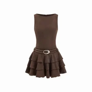 Cider Round Neckline Tiered Hem Mini Dress With Studded Belt