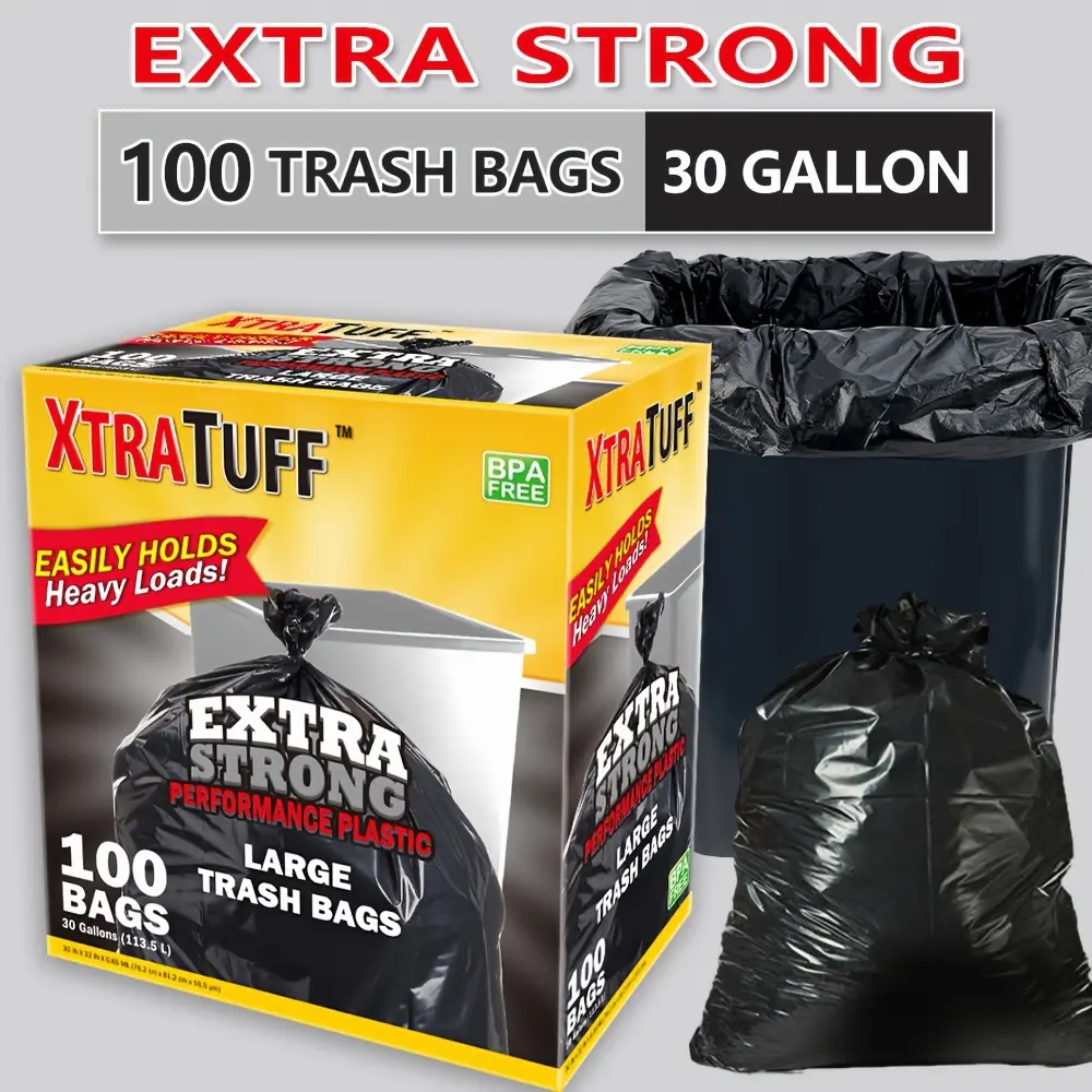 Box of 100 Bags 30 Gallon Black Disposable for Large Trash Bags for Large Kitchen Trash Can, Ultra Strong 100 Count 113.5L Multipurpose Cleaning Supplies for Industrial, Garden, Home, Commercial - Durable, Leak-Proof, Easy to Use Garbage Bag
