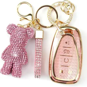 New Upgrade Cute Key Fob Cover with Rhinestone Bear Charm, Bling TPU Smart Key Case for Women, Compatible with Chevy Camaro Cruze Bolt EV Equinox Malibu Sonic Spark Traverse Trax (5-Button, Gold Pink)