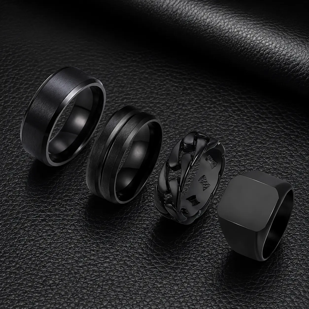 4Pcs Stainless Steel Black Signet Solid Biker Ring For Men Polished Matte Grooved Edges Cuban Link Band Rings Set Size 8