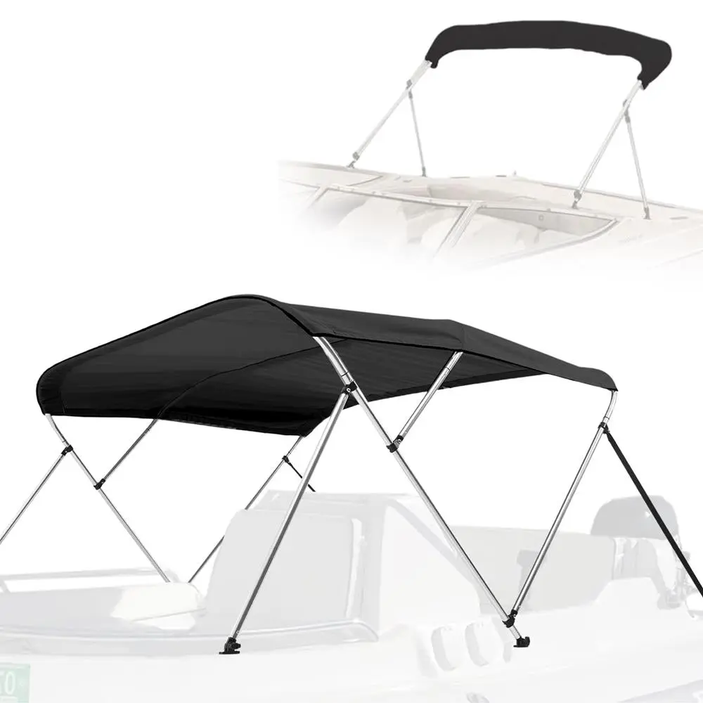 Marine-Grade 4 Bow Bimini Boat Cover, 96''x79-84''x54'' 600D Polyester Canopy, Waterproof, UV Resistant, Aluminum Frame, Adjustable Windproof Straps, Rear Support Poles, Color-Coordinated Zippered Storage Boot, Mounting Hardware