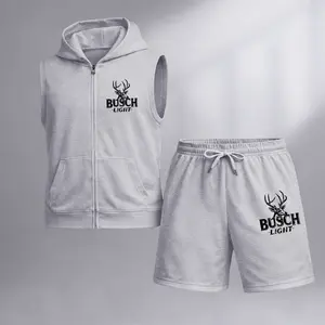 Men's Retro Outdoor Beer Graphic Sleeveless Hoodie Shorts Set 2 Piece Outfit Zip Up Hooded Vest Drawstring Shorts Summer Casual Gym Workout Streetwear Breathable Lightweight Athletic Lounge Set