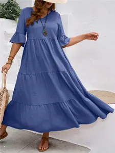 Elegant Deep V Neck Dress, Ruffled Sleeve Design, Layered Hemline, Long Casual Fashion Gown, Elegance, Perfect for Daily Wear, Womenswear, Summer, Lady