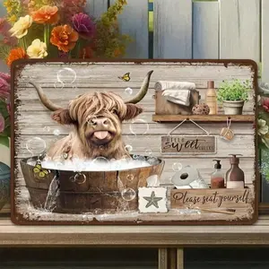 Vintage Highland Cow Aluminum Artistic Wall Art for Bathroom Living Room Kitchen Pub Decor Funny Scottish Cattle Aluminum Sign