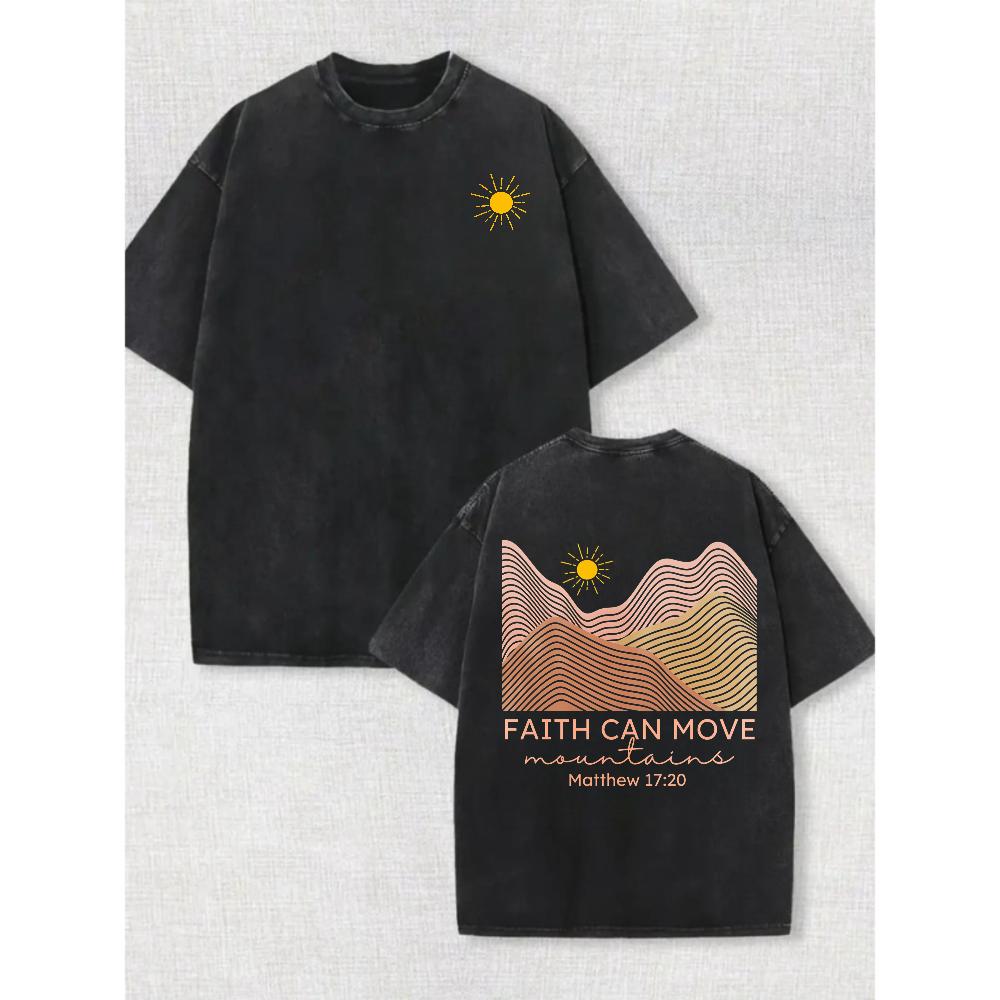 Faith Can Move Mountains Vintage Washed T-Shirt Double Sided Sun Mountain Matthew 17:20 Christian Tee
