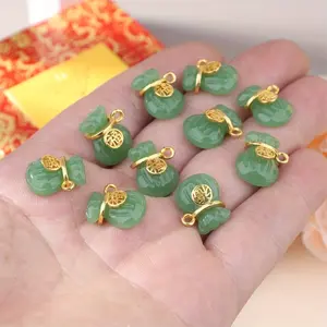 10pcs Alloy accessories diy Fortune bag imitation Hetian jade bracelet pendant alloy inlaid glass jewelry accessories Jade green artificial crystal Lucky bag ornaments, with gold decoration, DIY necklace pendant jewelry, Pendant design