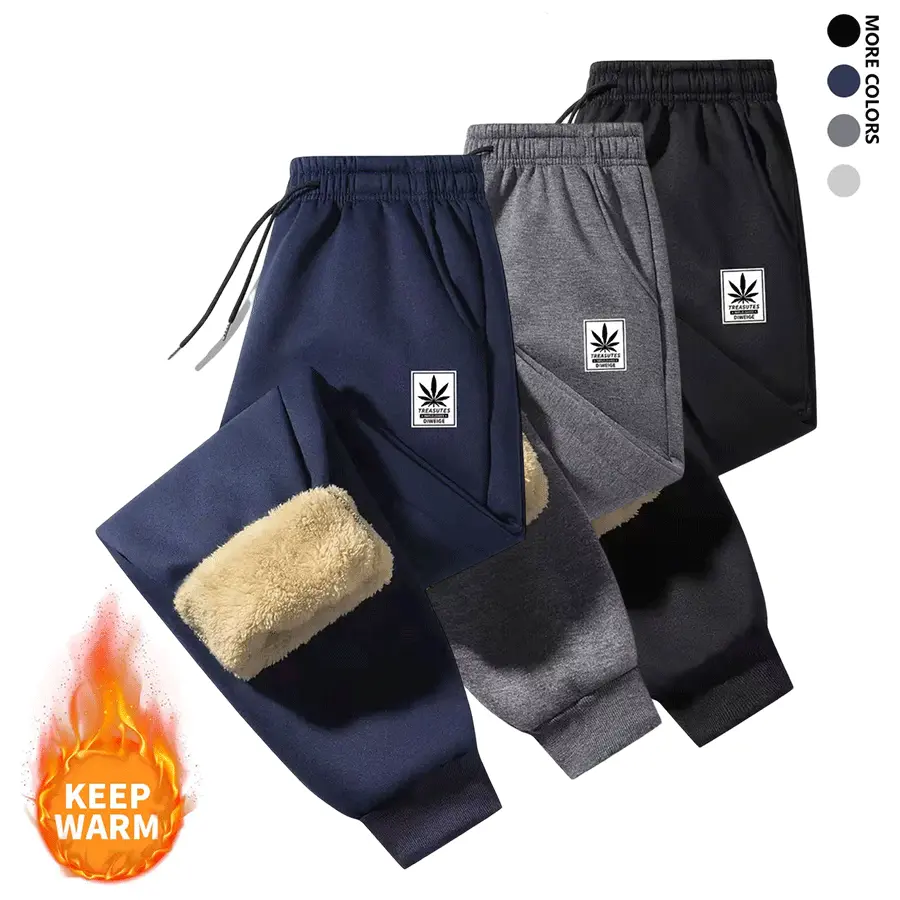 Male 3/2/1 Fleece-Lined Warm Jogger Pants, Adjustable Drawstring Waist Plain Trousers with Maple Leaf Pattern, Soft High-Quality Fabric Pockets, Keep Warm Machine Washable Casual Bottoms for Outdoor Hiking