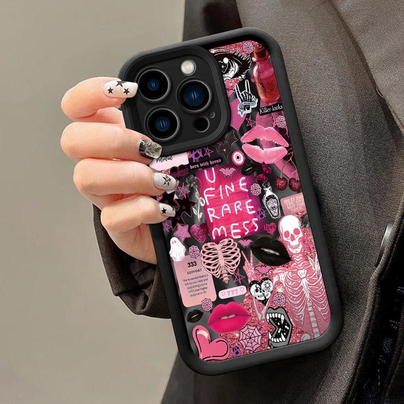 Phone Case Featuring a Collage Pattern of European And American Skulls, Lip Prints, And Eyes,  Made from Durable TPU for Protect,Compatible with Various for iphone Models Including  17 16 15 14 13 12 11 PRO MAX PLUS,AIR Mini SE and iPhone XS MAX,