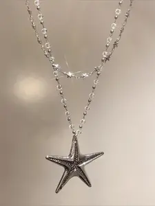 1pc Stylish Double-Layer Star Chain Metal Starfish Pendant Necklace: Vintage, Unique, and Trendy Necklace for Women's Parties and Vacations Jewelry Accessories