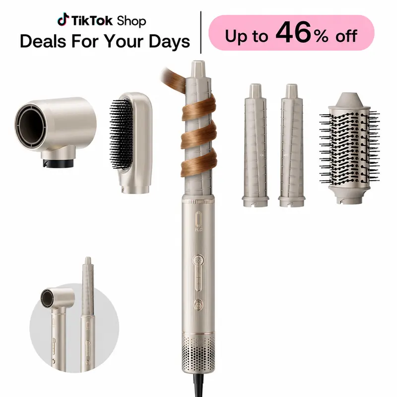 O.H.B 5-in-1 Blow Dryer Kit - Brushless Motor Hair Dryer Brush, Auto-Wrap Curler, Paddle/Oval/Thermal Brushes, Fast-Drying Nozzle, Straightener, Low Noise, 1200W, Frizz Control, Bouncy Curls, Hair Transformation, Salon Finish, Holiday Gift Set