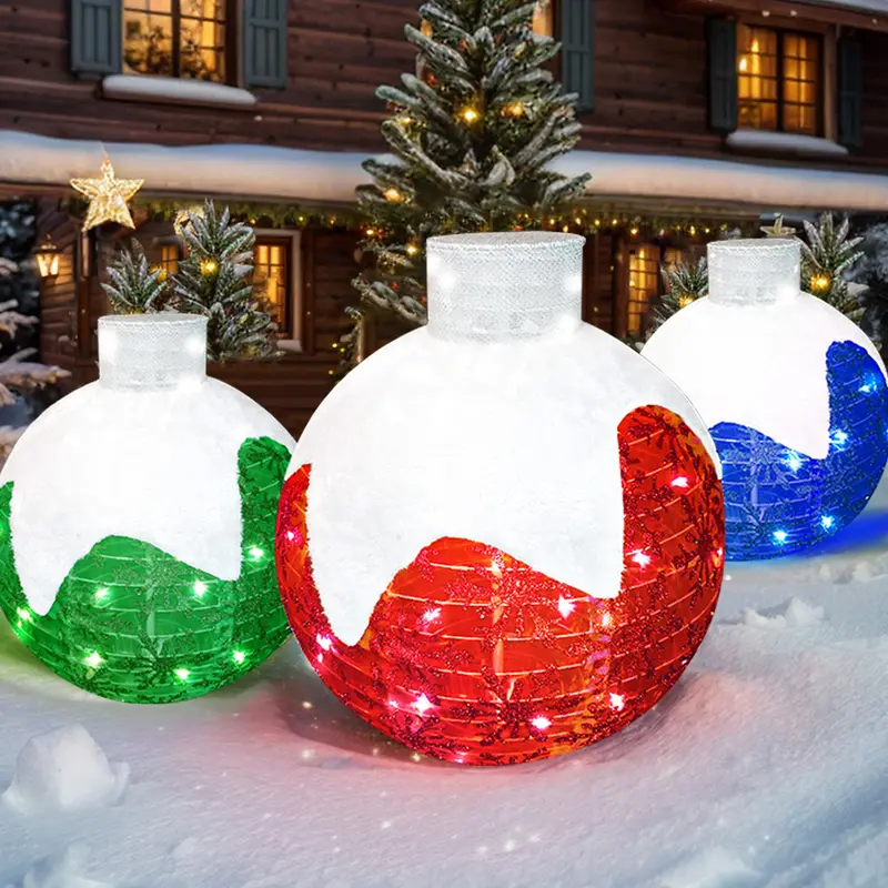 Christmas Outdoor Decoration, Christmas Ball lights, 3-Piece Pop-Up Christmas Ball Set with 184 LED Lights, Pre-Lit Iridescent, 3D Glittered Standing Holiday Display for Outdoor Ornaments