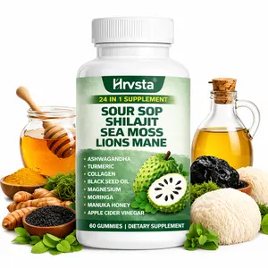 Soursop dietary supplement, rich in antioxidants, 60 capsules per bottle, fortified with shiitake mushrooms, seaweed, and lion's mane mushrooms, a 24-in-1 formula, beneficial for skin, joint, and bone health.