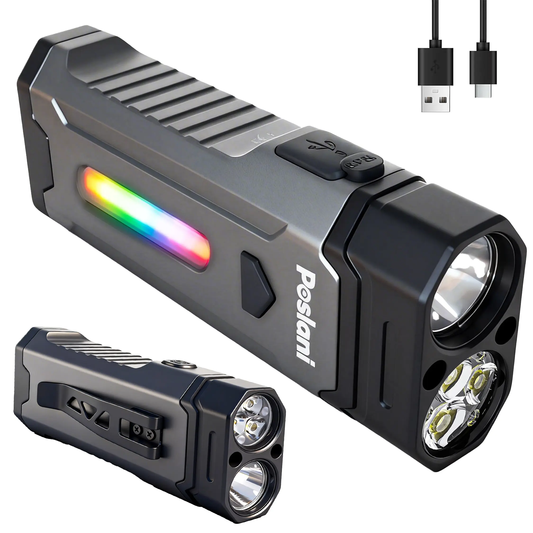 Poslani EDC Tactical Rechargeable Flashlight - 4400lm High-Brightness Durable Handheld Flashlights, Dual Switches, RGB LED, Magnetic Tail USB, 8 Modes, Portable Emergency Torches for Camping, Home Use