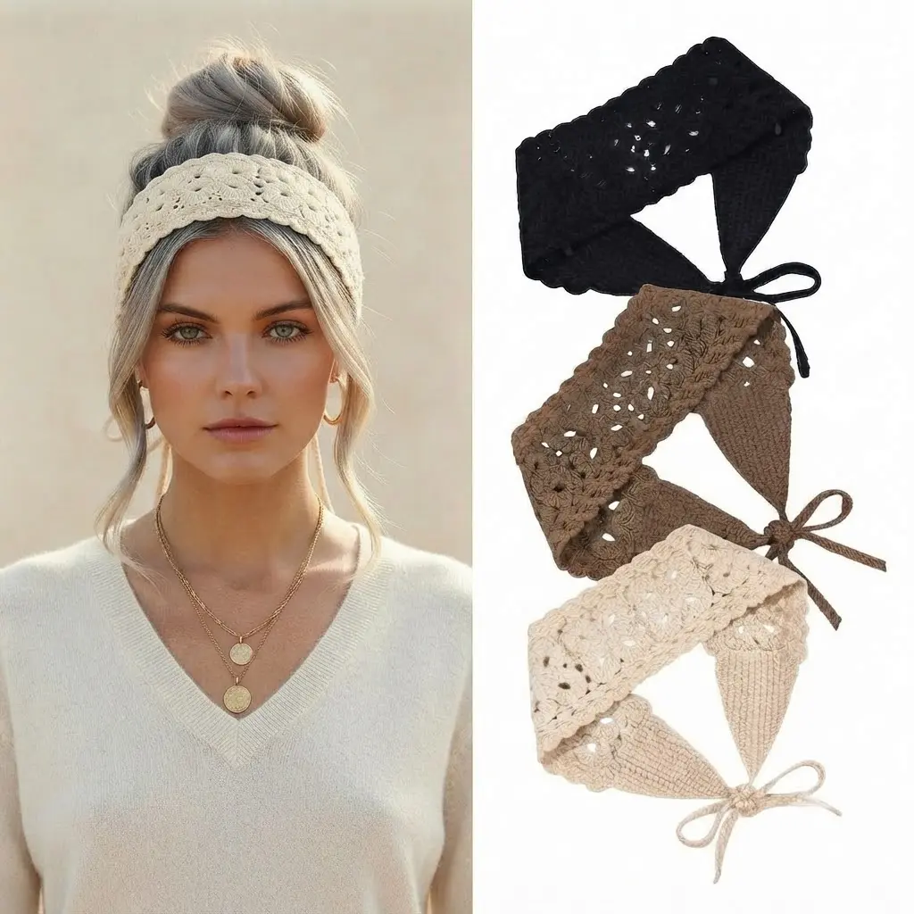 3Pcs Boho Headbands for Women Bandana Crochet Knit Hair Band Headband Hair Scarf Head Bands for Women's Hair