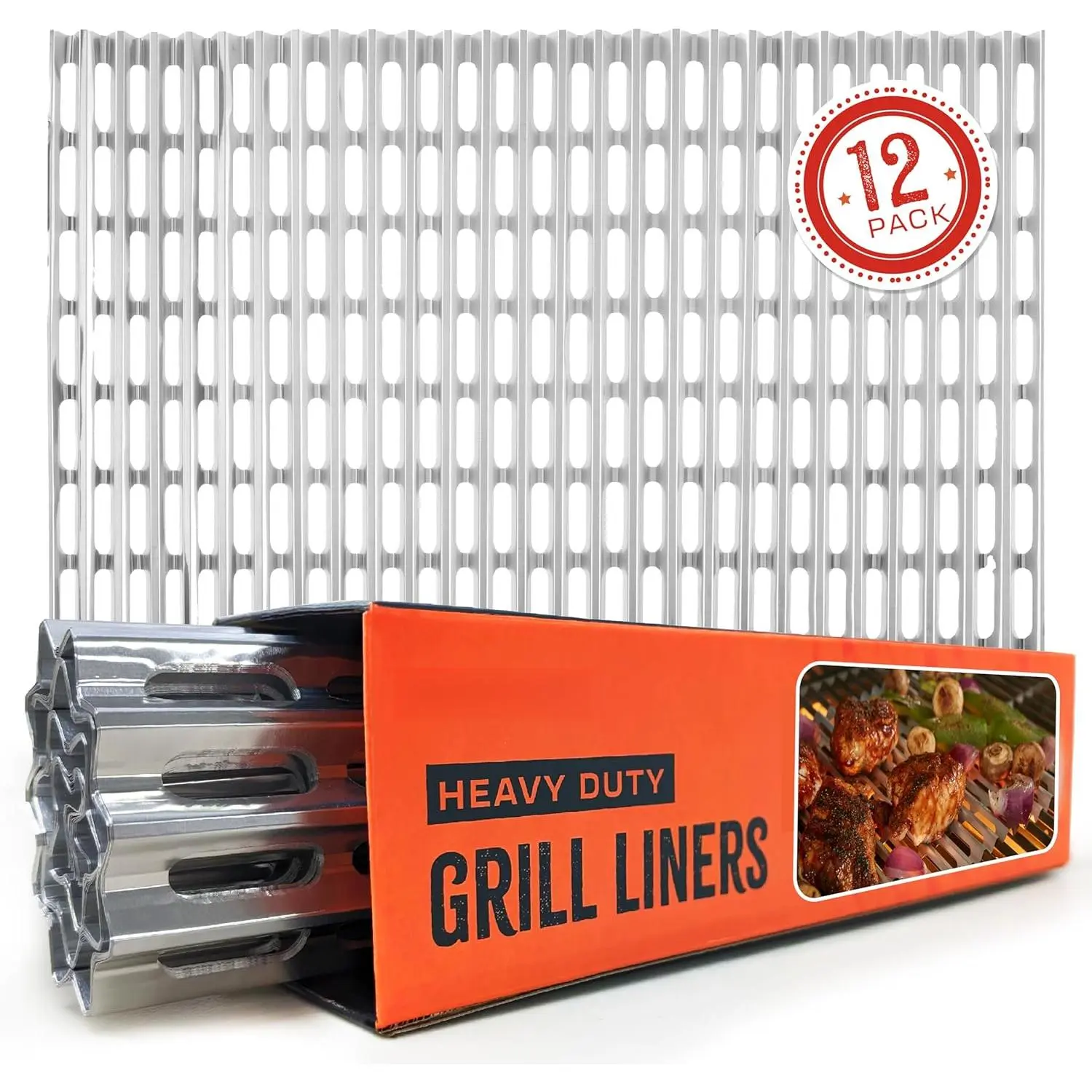 12 Pack Aluminum Grill Grate Liners, 12" x 20" No Mess Foil Disposable Grill Toppers for Outdoor Charcoal BBQs, Grilling Accessories Cookware Portable