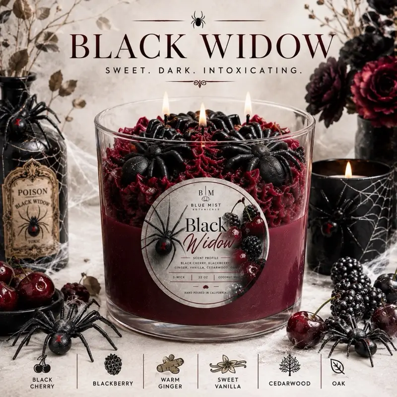 Black Widow 3-Wick Black Cherry Oak Scented Candle for Home Decor, Long-Lasting Burning