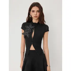 Cider Mesh Stand Collar Sequin Flower See-through Tie Front Top