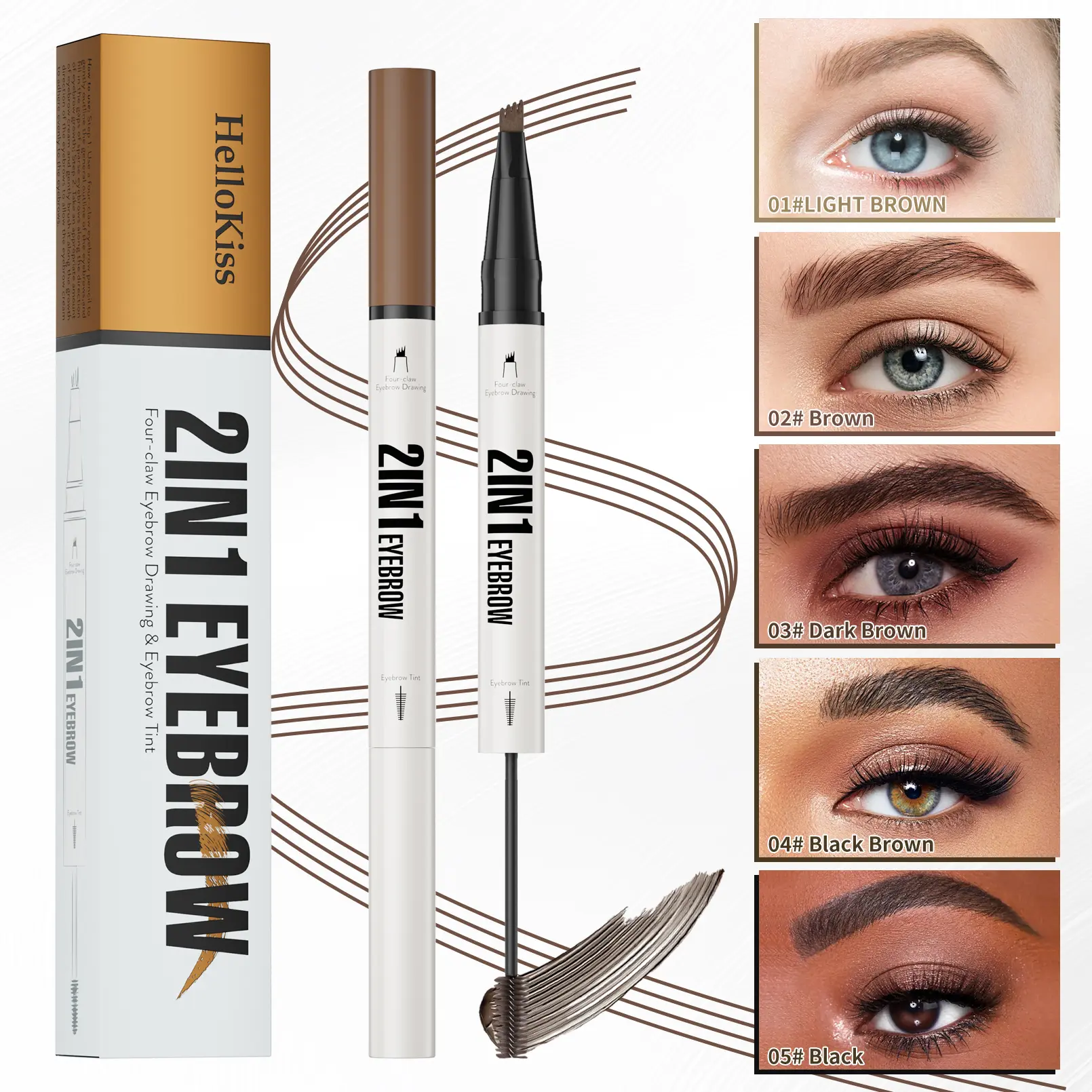 2-in-1 Eyebrow Pencil & Tint, 4-Claw Waterproof Brow Pen with Spoolie Brush, Long-Lasting Natural Hair-Like Formula, 5 Shades for Beginner Daily Makeup