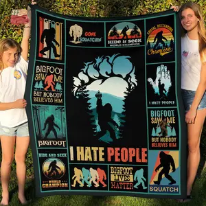 I Hate People Bigfoot With Middle Finger Fleece Blanket, Premium Sherpa Blanket, Hiking Blanket, Bigfoot Blanket, Sasquatch Lovers Blanket