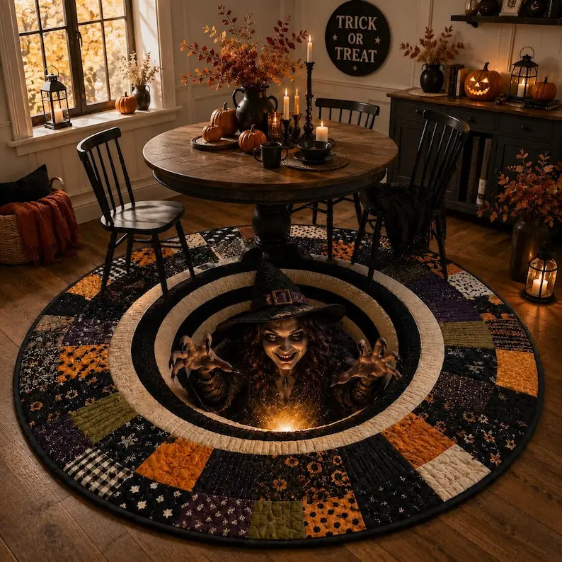 Gothic Spooky Halloween 3D Optical Illusion Witch Abyss Round Area Rug Ultra-Soft Non-Slip Microfiber Circular Floor Mat Horror Home Decor Gothic Holiday Gift