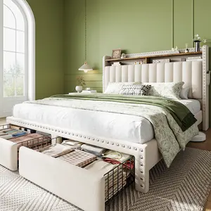RaybeeFurniture Bed frame for Queen Bed Frame with Headboard&Storage,NO MATTRESS,  Luxury Upholstered Bed Frame with Storage, 2 Drawers & Shelf on Headboard, NO Noise, KING, FULL, Twin, Mother's Day Gifts