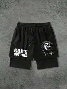 Religious Icon Print Unisex Shorts, Bold Design, Faith Element, Fitted Dual-Piece Style, Casual Daily Wear, Trendy Party