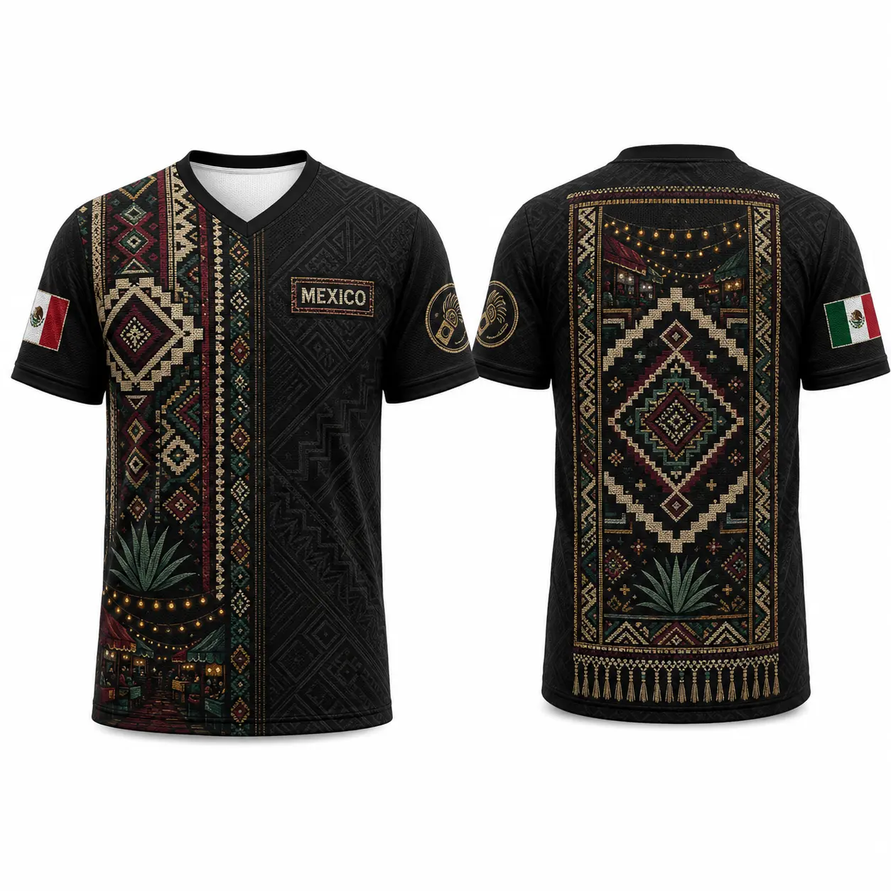 Mexican-Inspired Black Woven Pattern V-Neck Graphic Shirt, Ethnic Rug Print Short Sleeve Sports Top, Latin Cultural Casual Shirt for Men