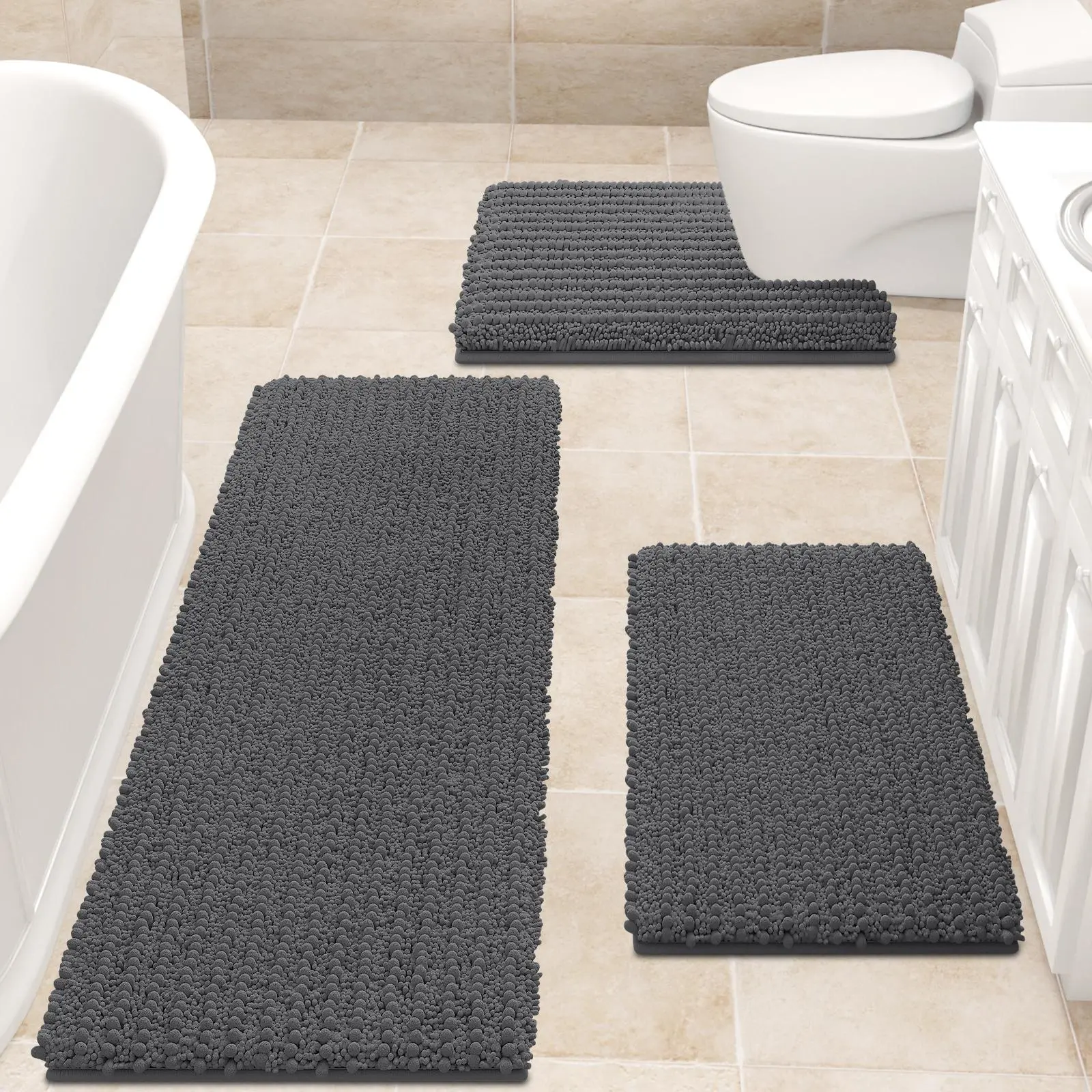 Comfydew Upgraded Extra Large Rectangle Chenille Rug Set - 2-Piece/3-Piece Ultra Thick, Absorbent Fiber-Lock Bath Mats for Bathroom, Slip-Safe Grip Soft Cushioned Durable Floor Mat