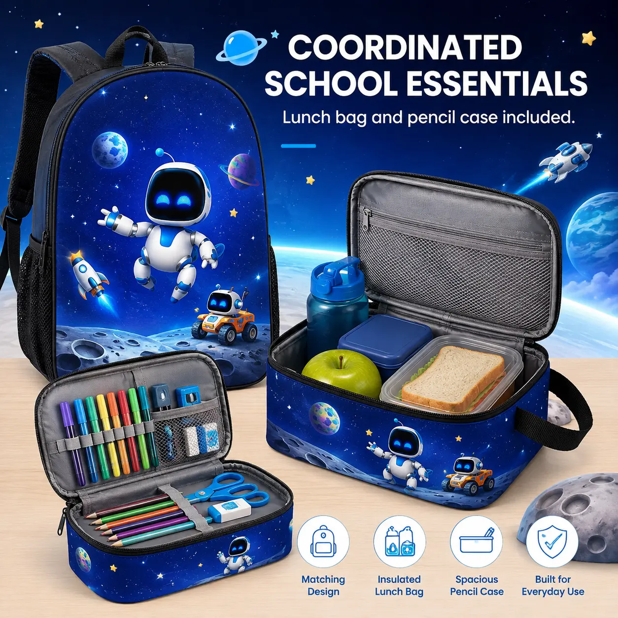 3PCS Cool Mecha Backpack Set, 2D Printing, Large Capacity School Bag With Matching Lunch Bag & Pencil Case, Durable Lightweight Bookbag , Daily Use, And Gift, 17in Bookpack