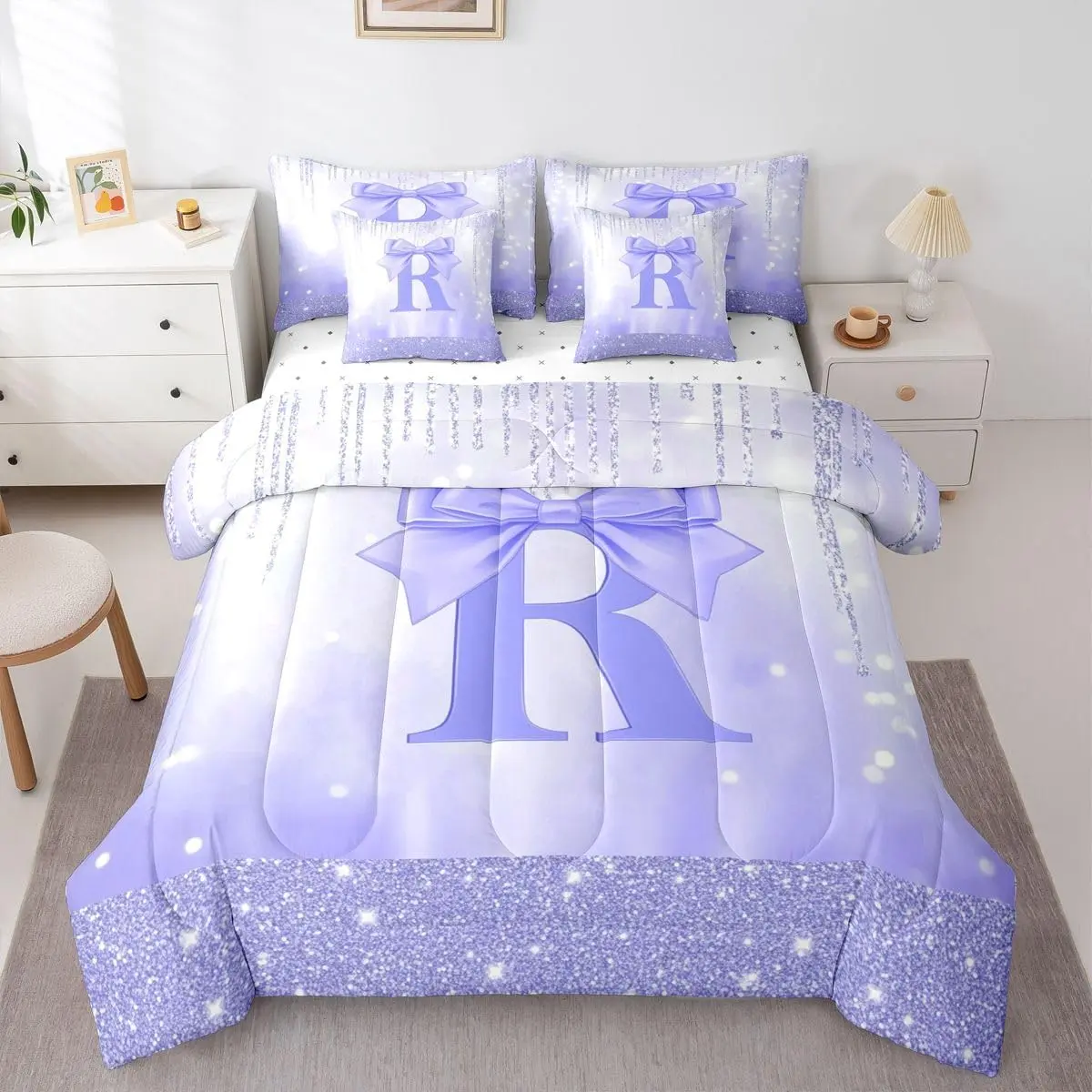 Purple Bowknot Comforter Set with Sheets Initial Letter R 7 Pieces Bedding Set Princess Glitter Bed in a Bag Cute Bow Alphabet Room Decor Soft