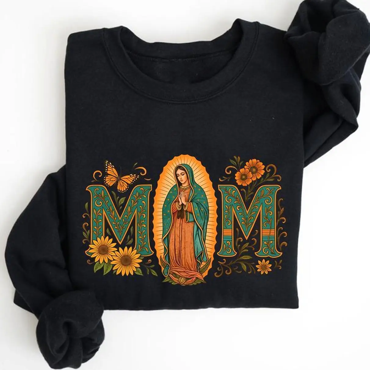 Mexican Mom T-Shirts, Crewneck Sweatshirts & Pullover Hoodie, Latin Culture Mom Sweater, Mexican Heritage, Virgen De Guadalupe Printed, Mama Cita Gift CFRT
