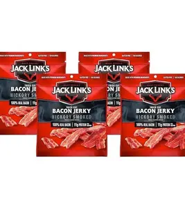 Jack Link's Bacon Jerky, Hickory Smoked - Flavorful Ready to Eat Meat Snack with 11g of Protein per Serving, Made with 100% Thick Cut Real Bacon, Protein Snack, Keto Friendly, 2.5 oz. (Pack of 4)