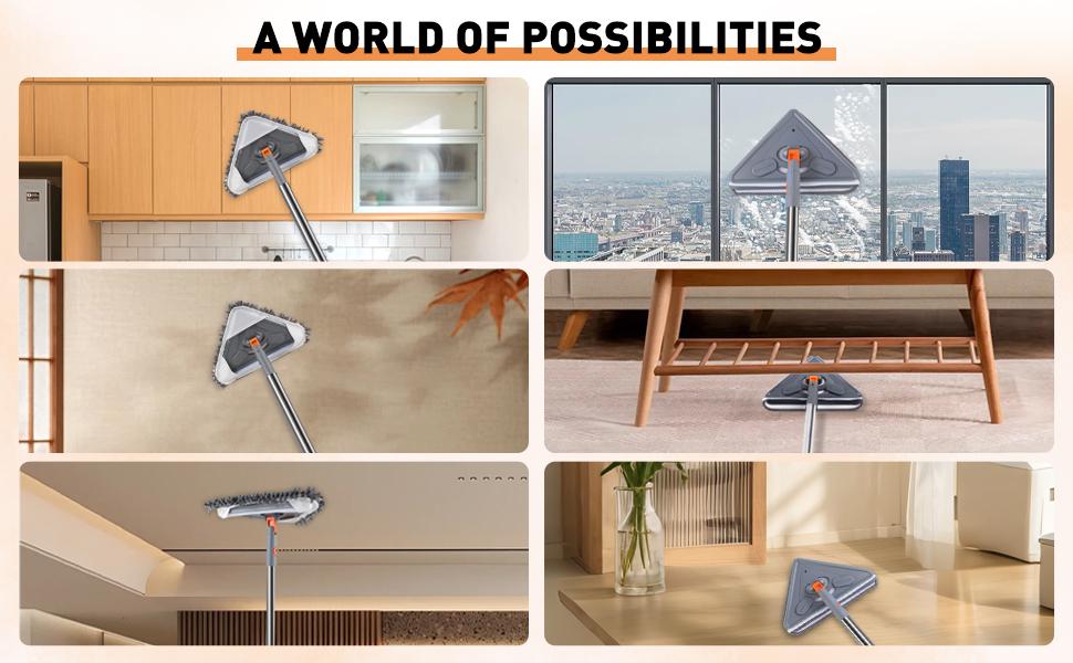 Extendable Long Handle Triangle Rotating Mop, Multi general Purpose Wall Ceiling Corner Cleaning Tool, Reusable Washable Mop replacement Pad Included, Lightweight Household Cleaning Mop for Hard-to-Reach Areas Chenille mopplops scrub brush