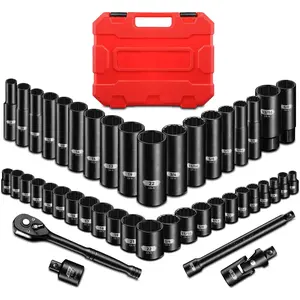 3/8" Drive Impact Socket Set, 45 count Standard SAE (1/4" to 3/4") and Metric (6-22 mm), 72- Ratchet Handle, 6" Extension Bar, Adapters, Universal Joint, Spark Plug Socket